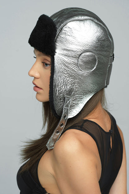 Black Lamb Fur Hat with Metallic Shearling Leather