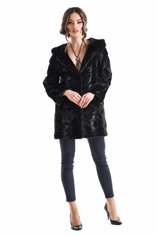 Dark Brown Hooded Genuine Mink Fur Coat with Leather Belt