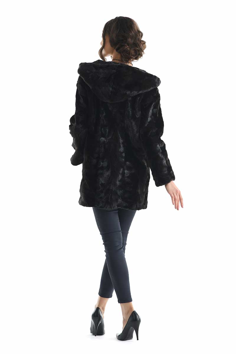 Dark Brown Hooded Genuine Mink Fur Coat with Leather Belt
