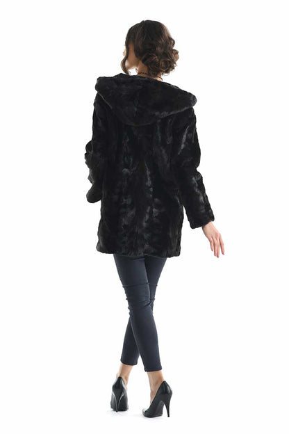 Dark Brown Hooded Genuine Mink Fur Coat with Leather Belt