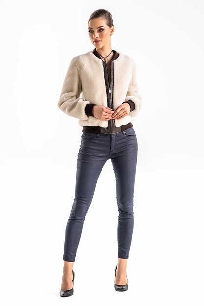 Beige Natural Sheepskin Mouton Fur Jacket