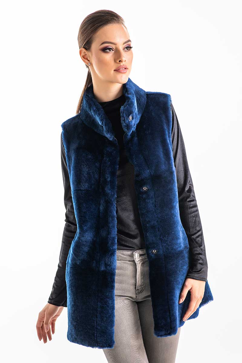 Blue Reversible Geniune Nappa Lamb Leather Mouton Fur Vest