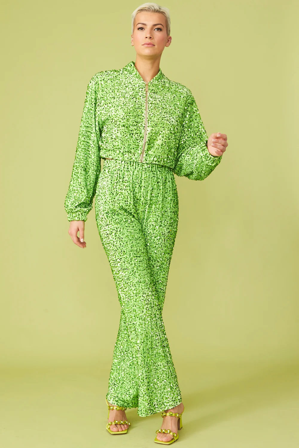 Green Bamboo Blend Sequin Trousers