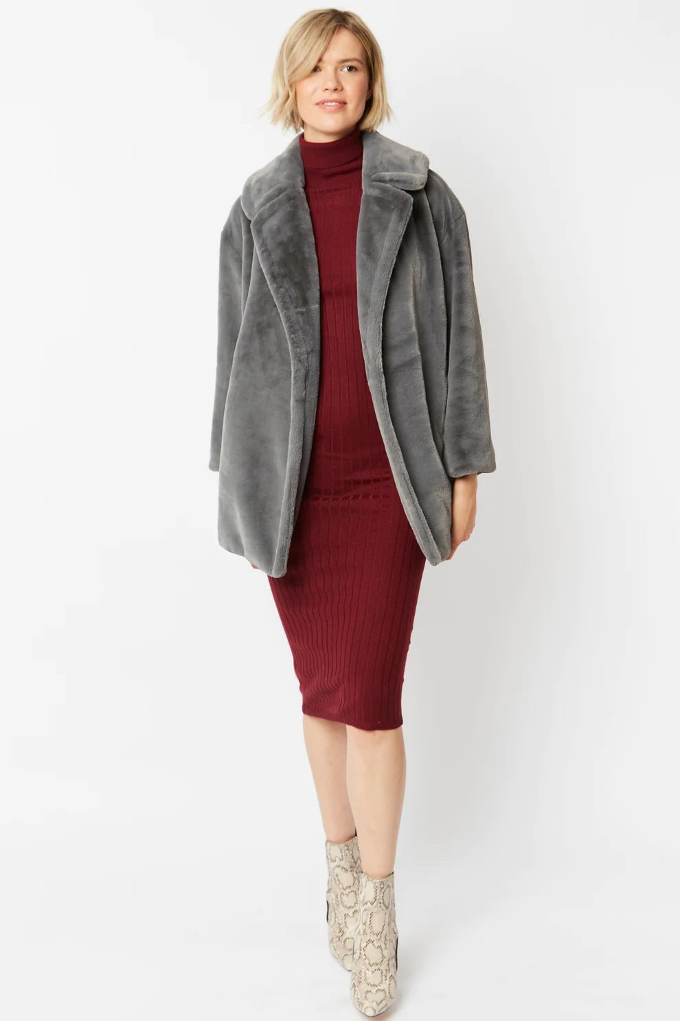 Grey Faux Fur Midi Coat