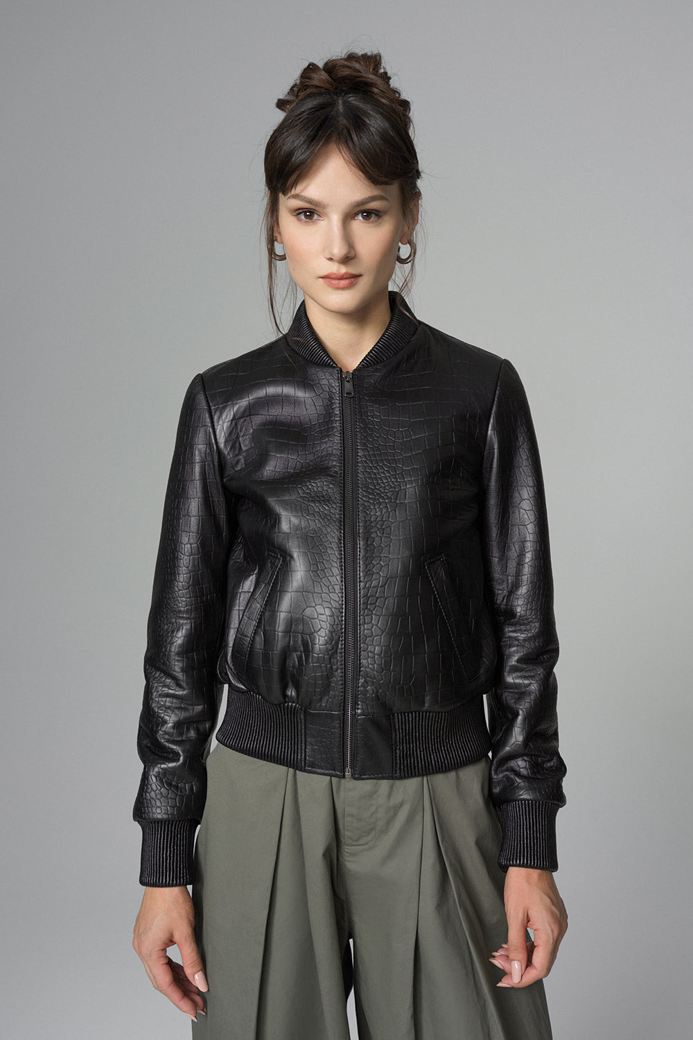 Black Leather Jacket with Crocodile Skin Print
