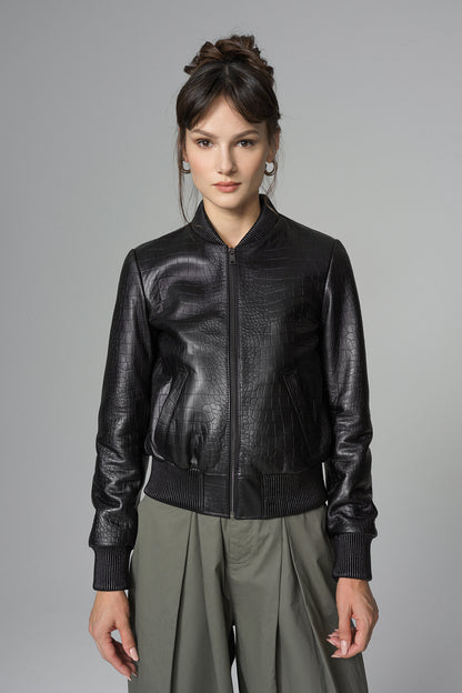 Black Leather Jacket with Crocodile Skin Print