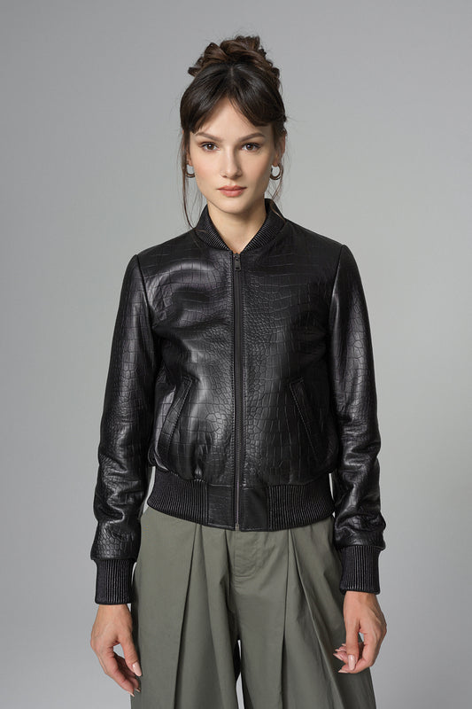 Black Leather Jacket with Crocodile Skin Print