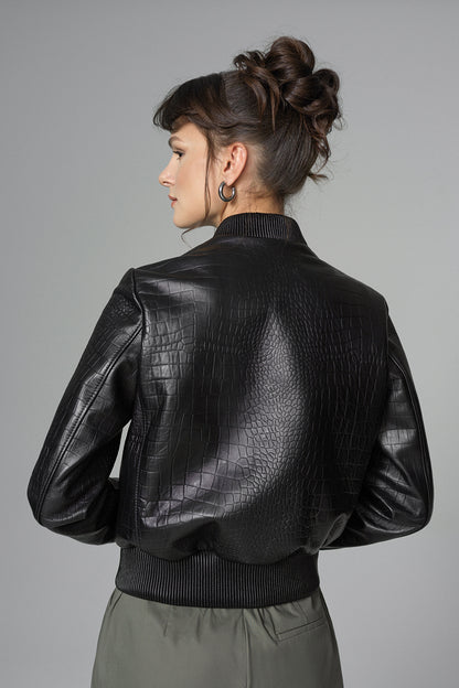 Black Leather Jacket with Crocodile Skin Print