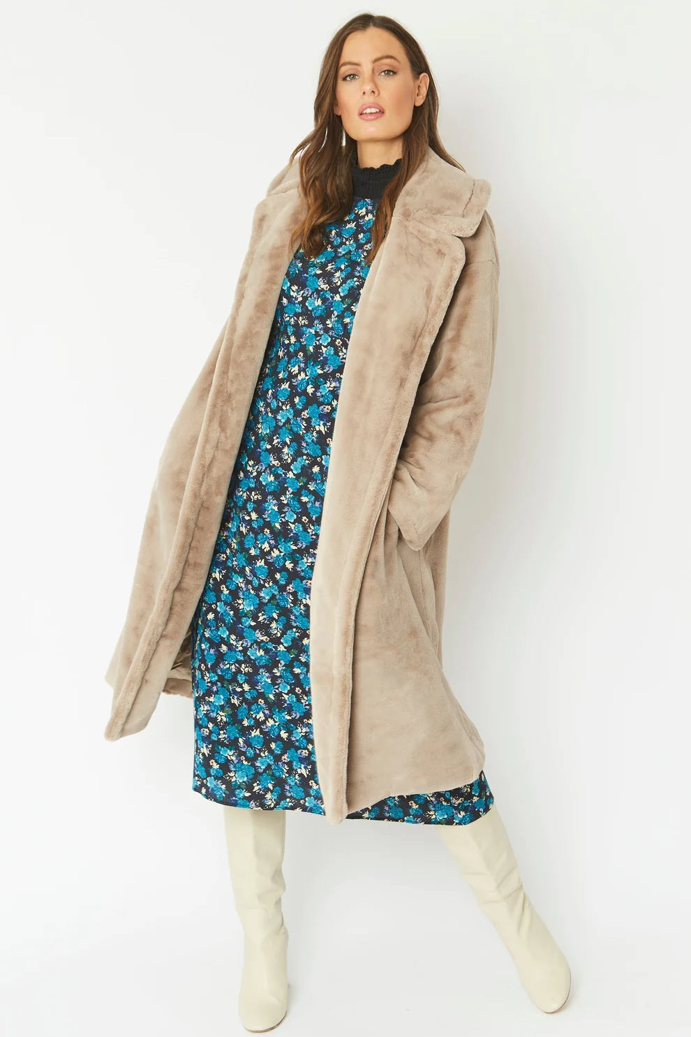 Light Mocha Faux Fur Midi Shaved Shearling Coat