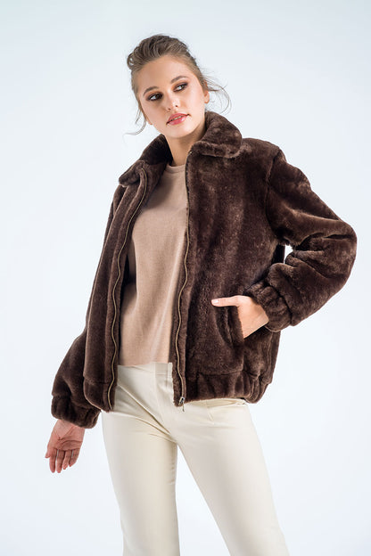 Taupe Lamb Sheepskin Merino Fur Jacket