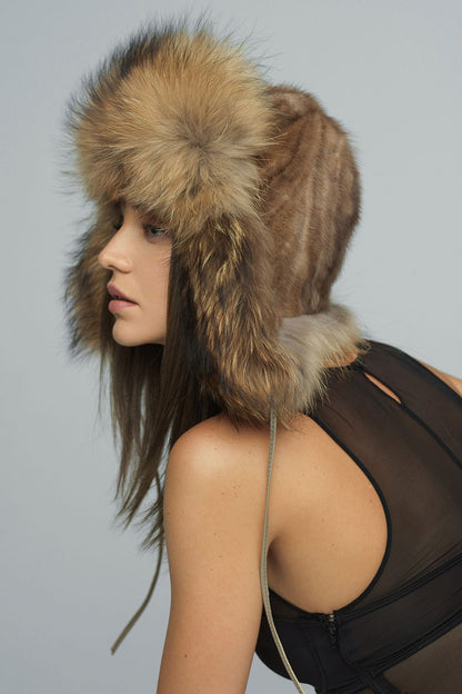 Taupe Genuine Arctic Fox and Mink Fur Hat