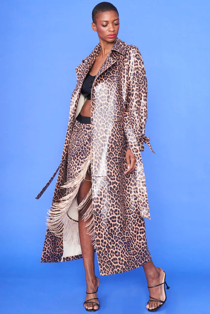 Mocha Banana Peel Eco Leather Leopard Print Trench Coat
