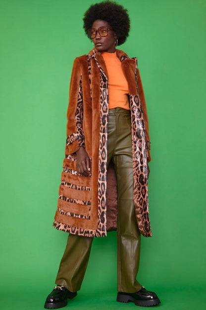 Mocha Faux Suede Trench Coat with Faux Fur Panelled