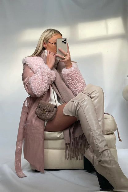 Pink Faux Leather Trench Coat with Faux Shearling Collar and Cuffs