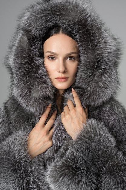 Silver Hooded Arctic Fox Raccoon Fur Jacket