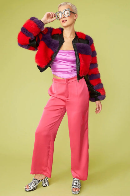 Red - Purple Faux Fur Stripe Bomber Jacket