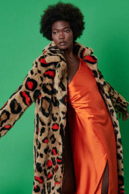 Red Faux Fur Leopard Print Maxi Coat