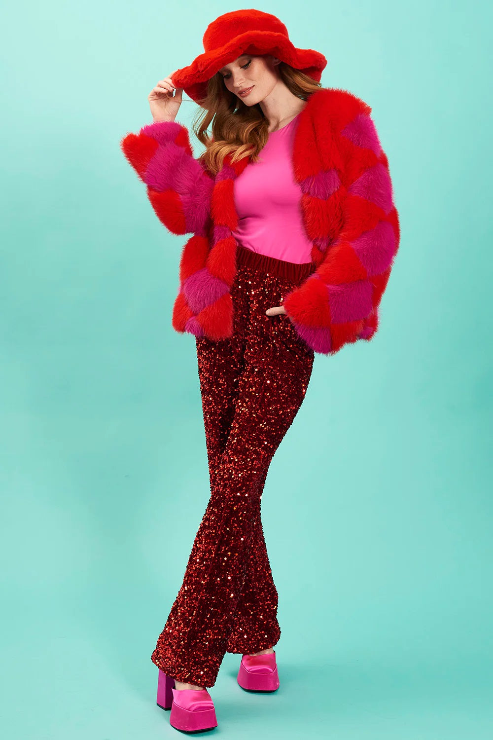 Red Sequin Flared Trousers
