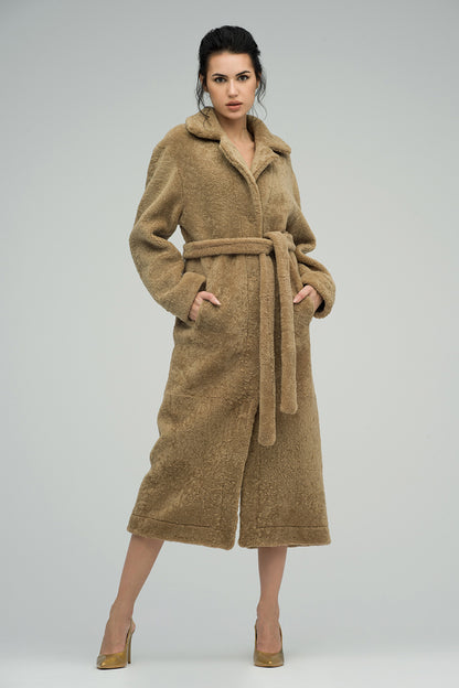 Beige Reversible Sheepskin Lamb Fur Maxi Coat