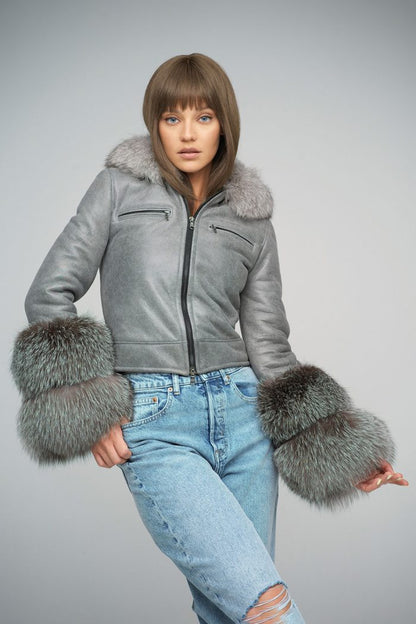 Gray Merino Leather Jacket with Fox Fur Collar and Cuffs