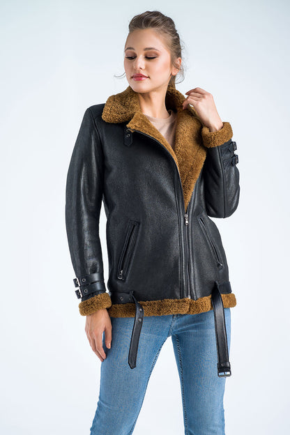 Black Biker Bomber Sheepskin Jacket with Cognac Shearling Fur