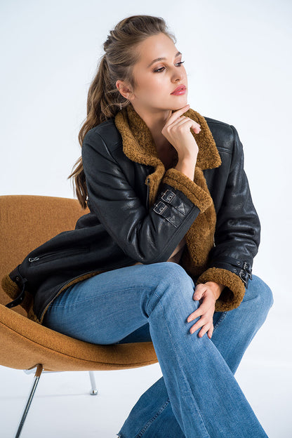 Black Biker Bomber Sheepskin Jacket with Cognac Shearling Fur