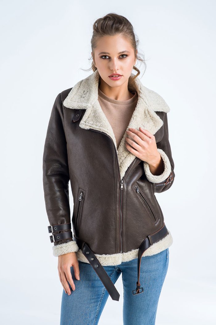 Brown Biker Bomber Sheepskin Jacket with Cream Shearling Fur