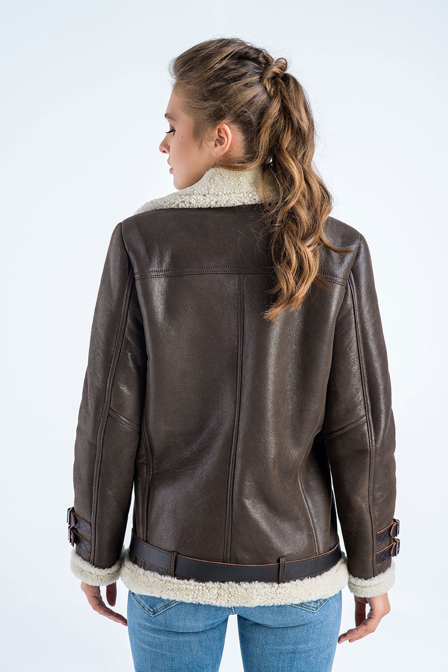 Brown Biker Bomber Sheepskin Jacket with Cream Shearling Fur