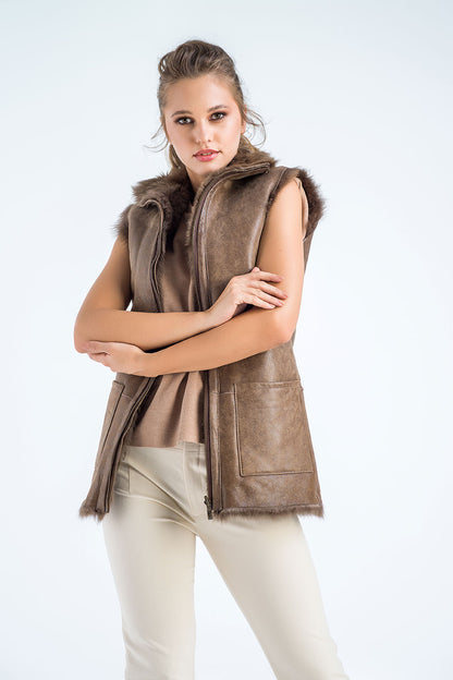 Taupe Geniune Reversible Sheepskin Fur Vest