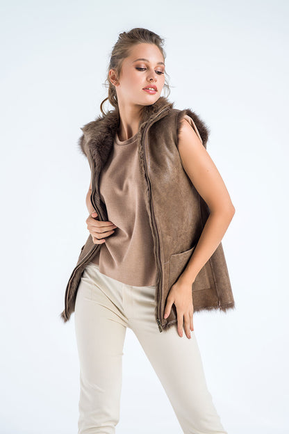 Taupe Geniune Reversible Sheepskin Fur Vest