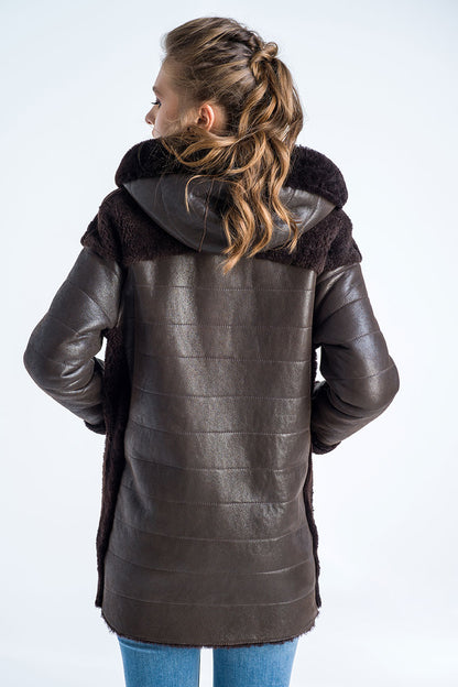 Brown Natural Shearling Sheepskin Hooded Jacket