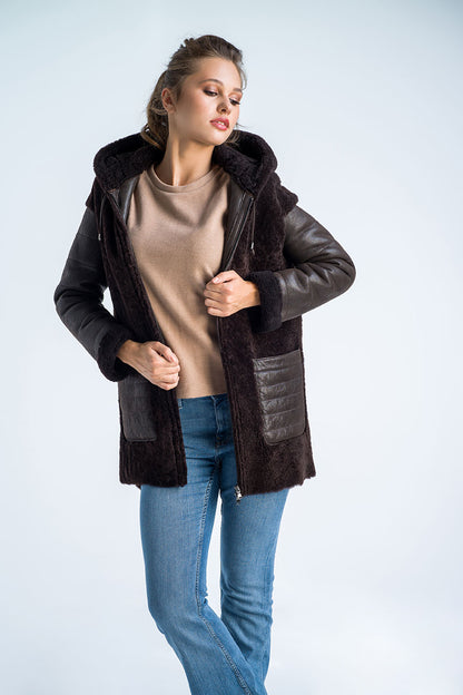 Brown Natural Shearling Sheepskin Hooded Jacket