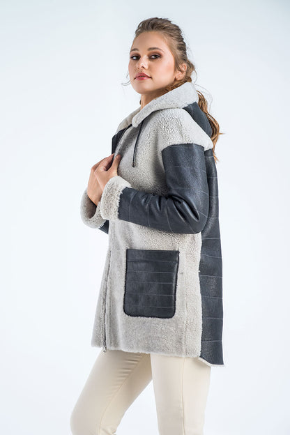 Gray Natural Shearling Sheepskin Hooded Jacket