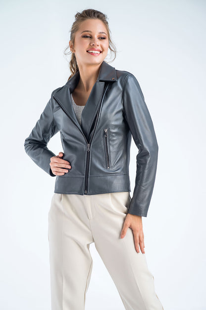 Gray Genuine Classic Cut Leather Jacket
