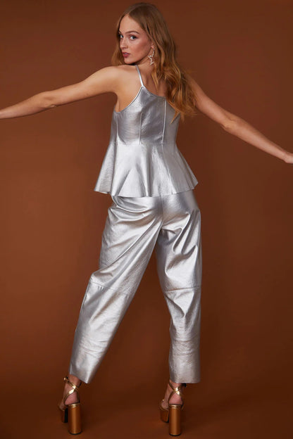 Silver Faux Leather Peplum Top