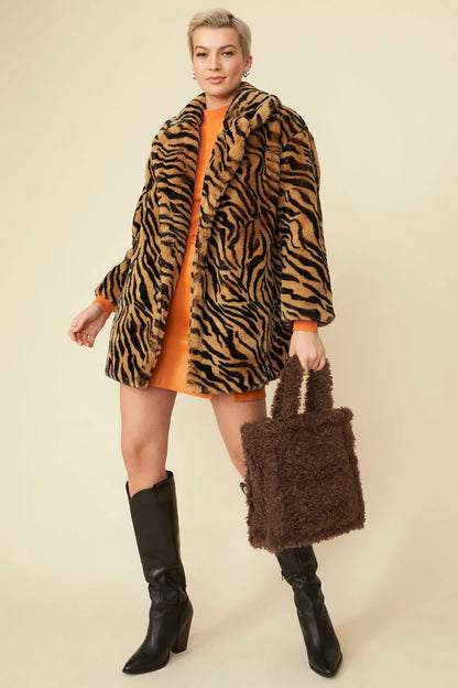Tiger Print Mocha Faux Fur Midi Coat