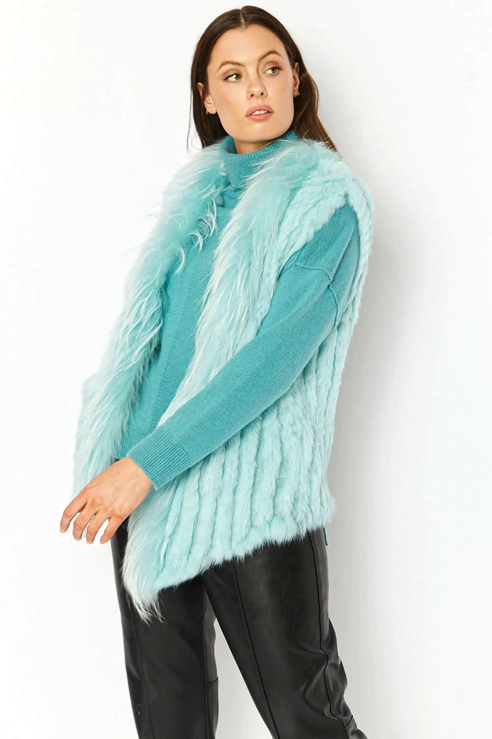 Turquoise Fox and Coney Fur Gilet With Collar Feature
