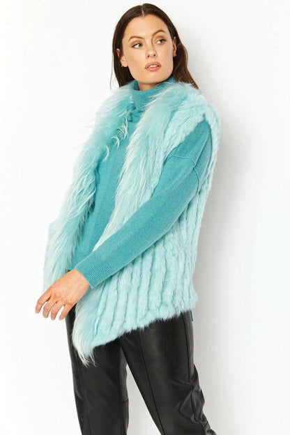 Turquoise Fox and Coney Fur Gilet With Collar Feature