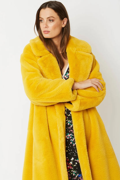 Yellow Faux Fur Midi Shaved Shearling Coat