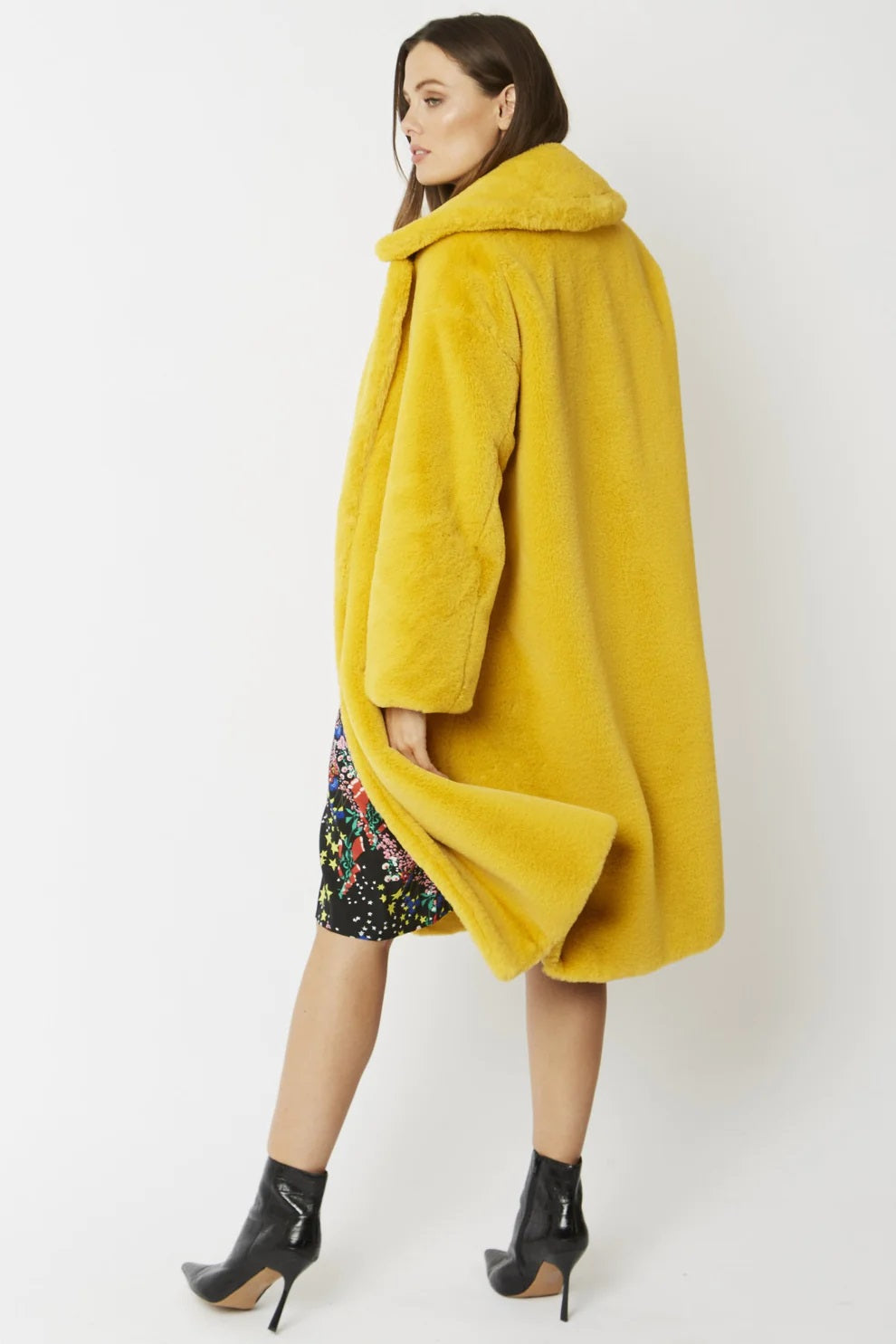 Yellow Faux Fur Midi Shaved Shearling Coat