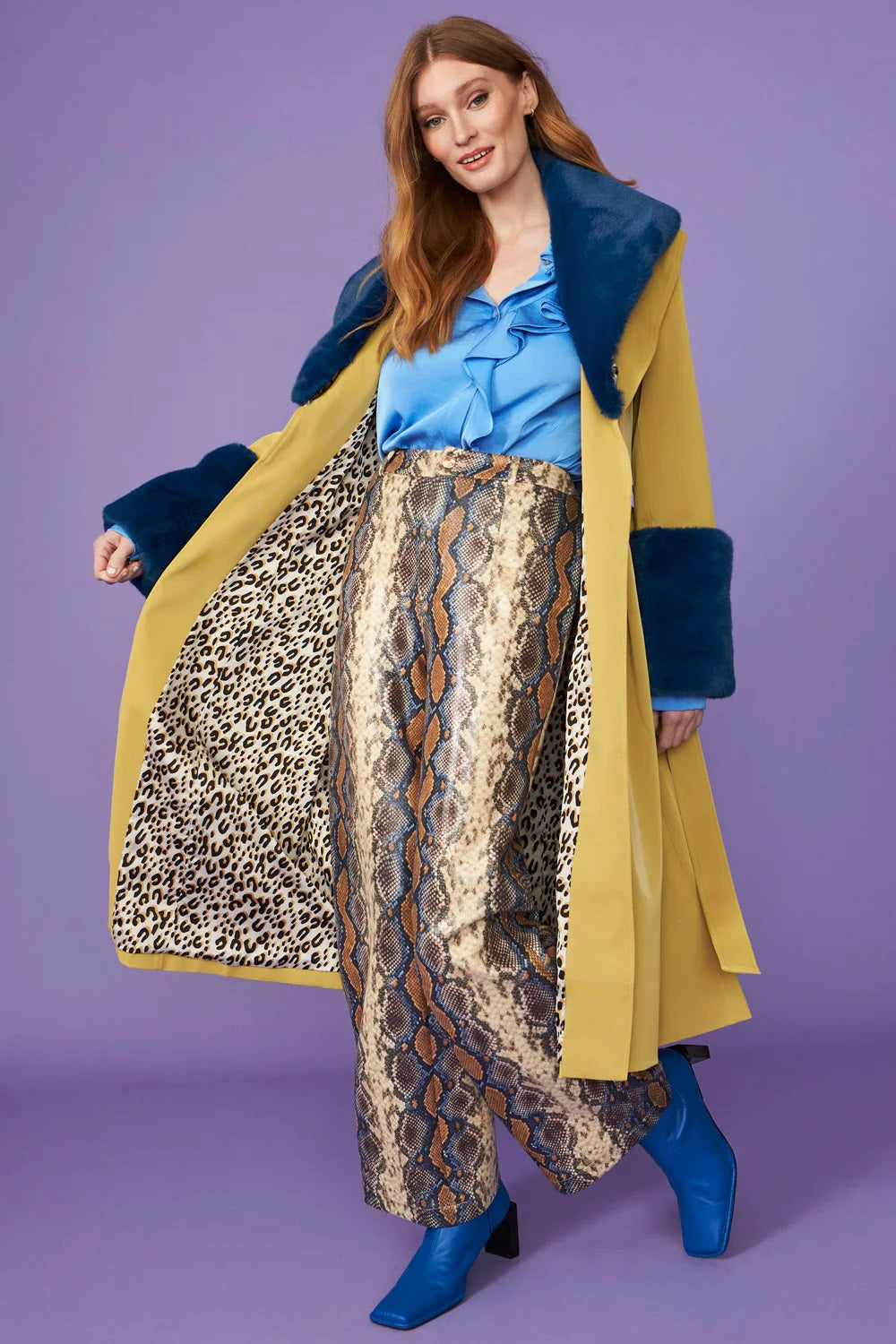 Yellow Faux Leather Trench Coat with Faux Fur Collar and Cuffs