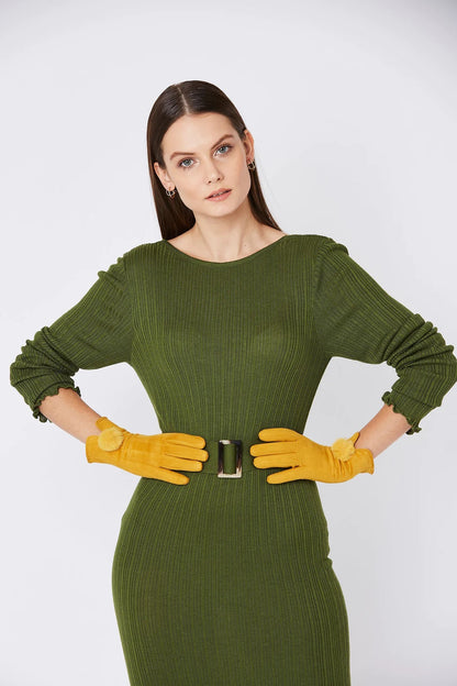 Yellow Faux Suede Gloves With Faux Fur Pom