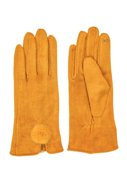 Yellow Faux Suede Gloves With Faux Fur Pom