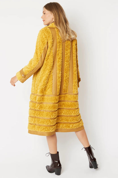 Yellow Faux Suede Trench Coat with Faux Fur Panelled