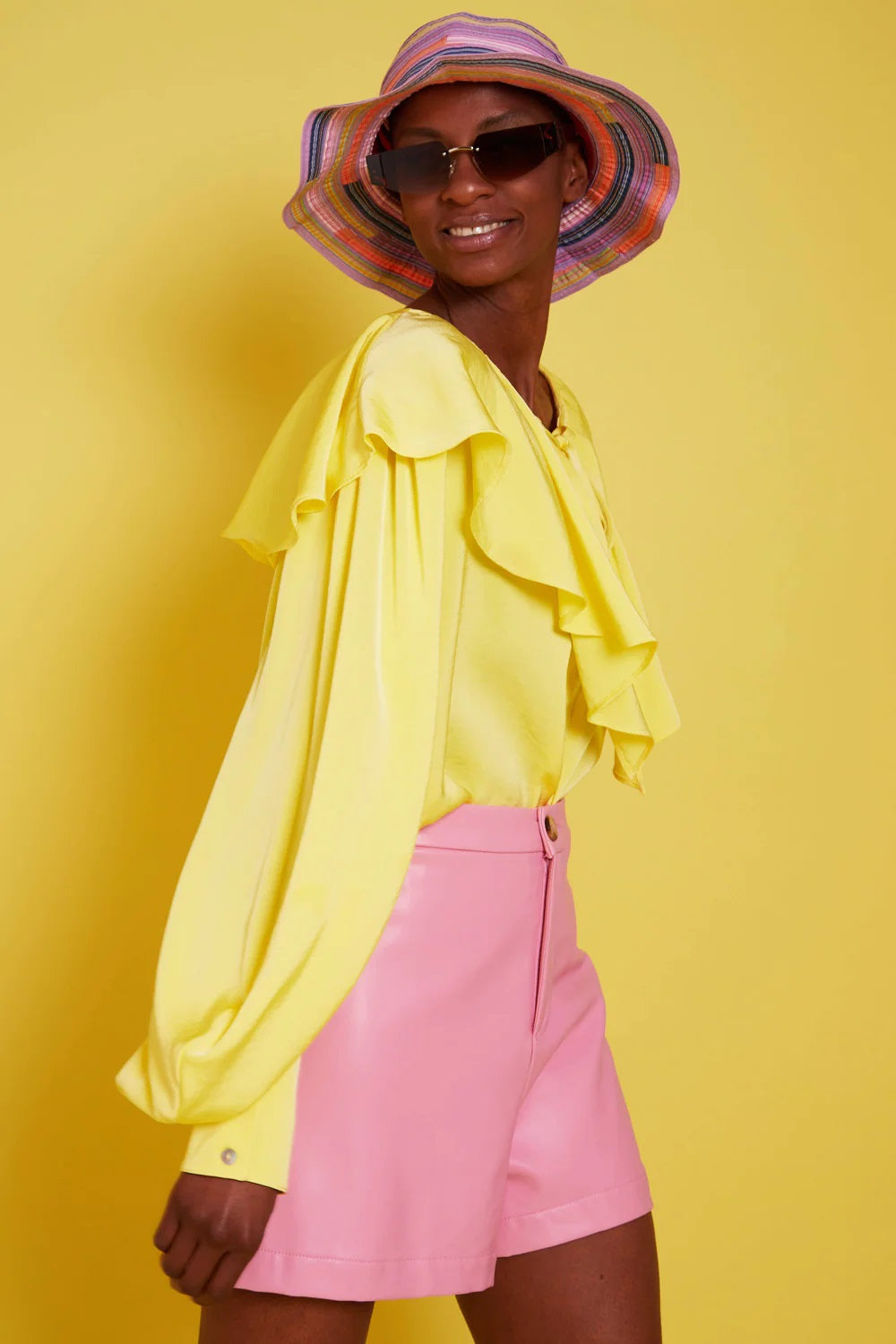 Yellow Silk Blend Ruffle Shirt