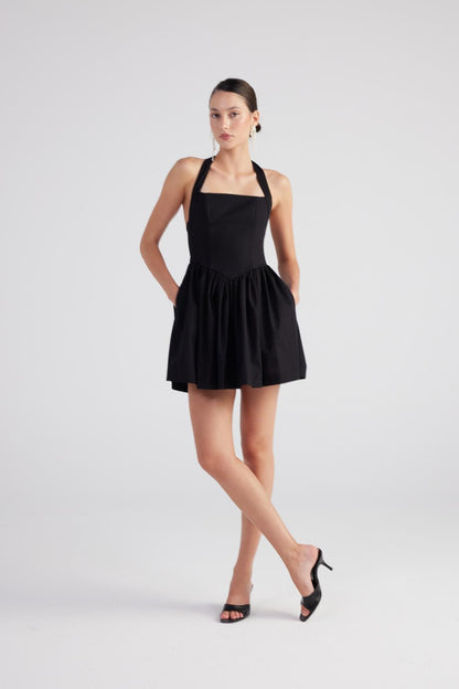Teresa Black Pleated Skirt Mini Dress