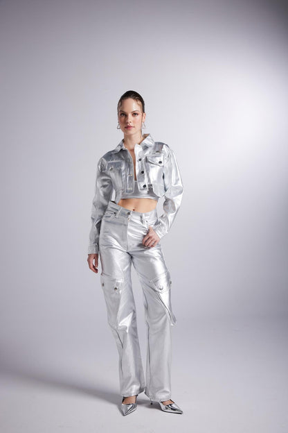 Metallic Grey Glossy Millen Cropped Jacket