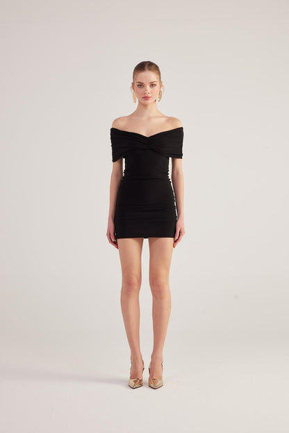 Muse Black Bardot Neck Mini Dress