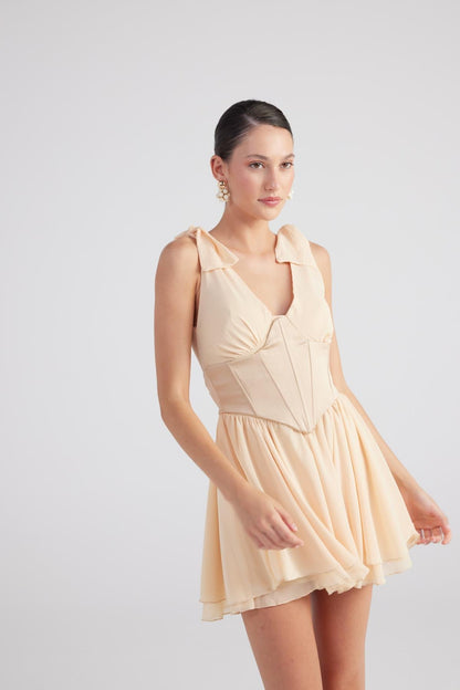 Fiona Beige Ruched Mini Dress with Pleated Skirt