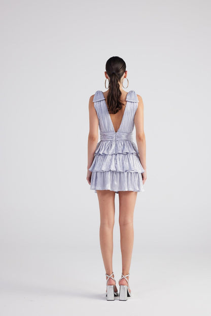 Glare Blue Shiny Pleated Mini Ruffle Dress